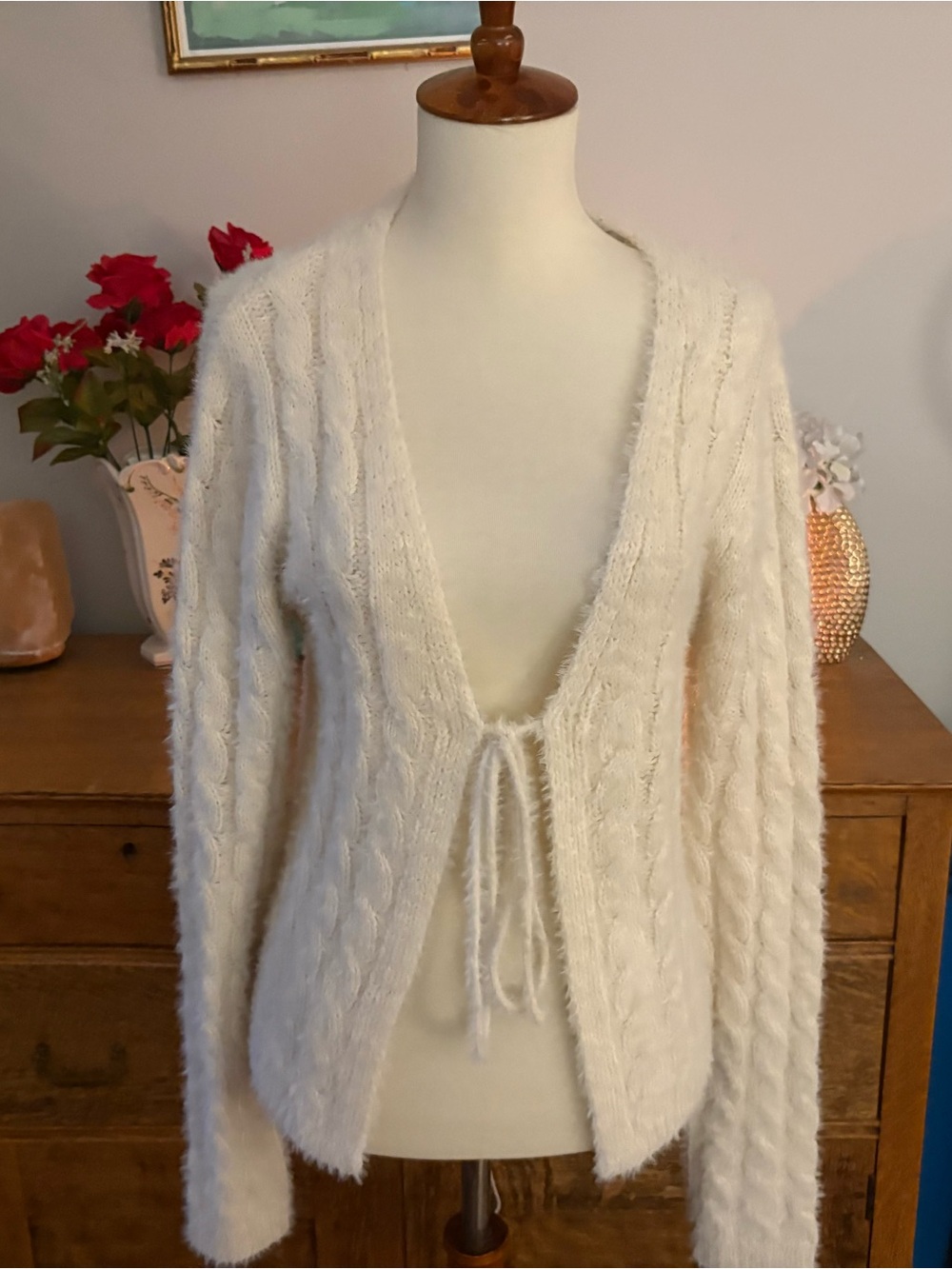 Blu pepper cozy  Cream Tie-Front Cable Knit Women's Sweater size L